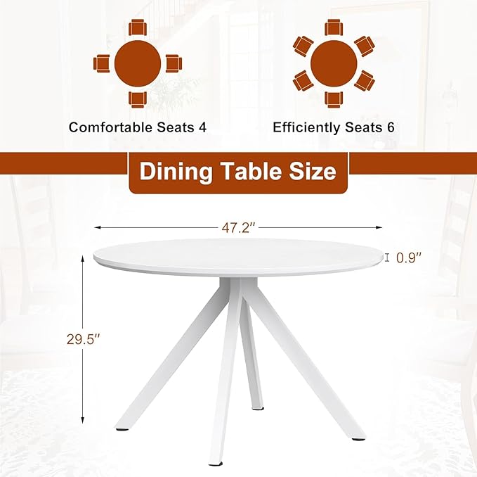 Round Dining Table for 4, 47 Inch Modern Dinner Table Small Round Dining Room Tables, Mid Century Kitchen Tables for Small Space, Kitchen, Living Room, Steel Legs, White