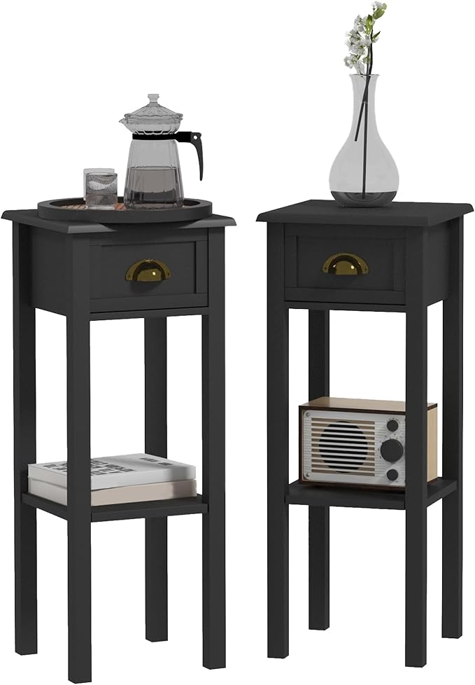 HOMCOM 2-Tier Side Table with Drawer, Narrow End Table with Bottom Shelf, for Living Room, Set of 2, Black