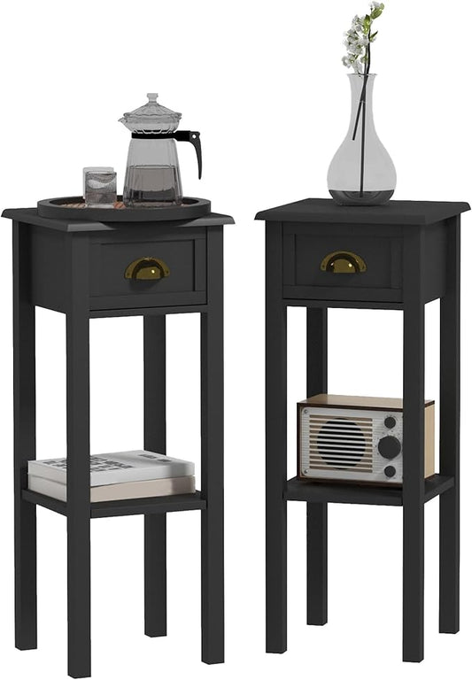 HOMCOM 2-Tier Side Table with Drawer, Narrow End Table with Bottom Shelf, for Living Room, Set of 2, Black