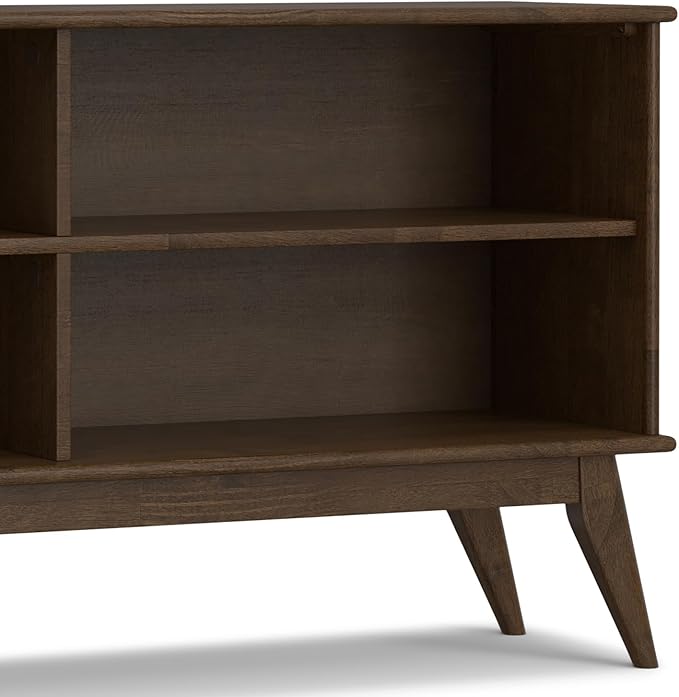 SIMPLIHOME Draper Bookcase - 30 inch Tall Solid Hardwood Low Bookshelf in Walnut Brown, Mid-Century Modern Storage for Living Room, Study Room or Office with Tapered Legs and Wide Open Shelves
