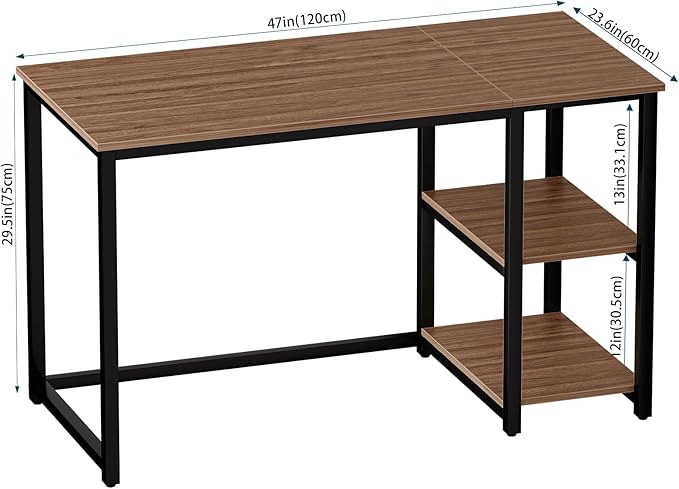SINPAID Computer Desk 47 inches with 2-Tier Shelves Sturdy Home Office Desks with Large Storage Space Modern Gaming Desk Study Writing Laptop Table, Brown