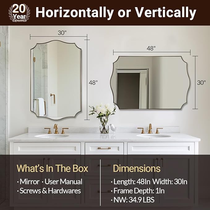 ANDY STAR 30x48 Inch Gold Bathroom Mirror, Large Brushed Gold Rectangle Mirror, Antique Brass Mirror in Rust-Proof Stainless Steel 1" Frame, Unique Wavy Frame Design, Vertically/Horizontally