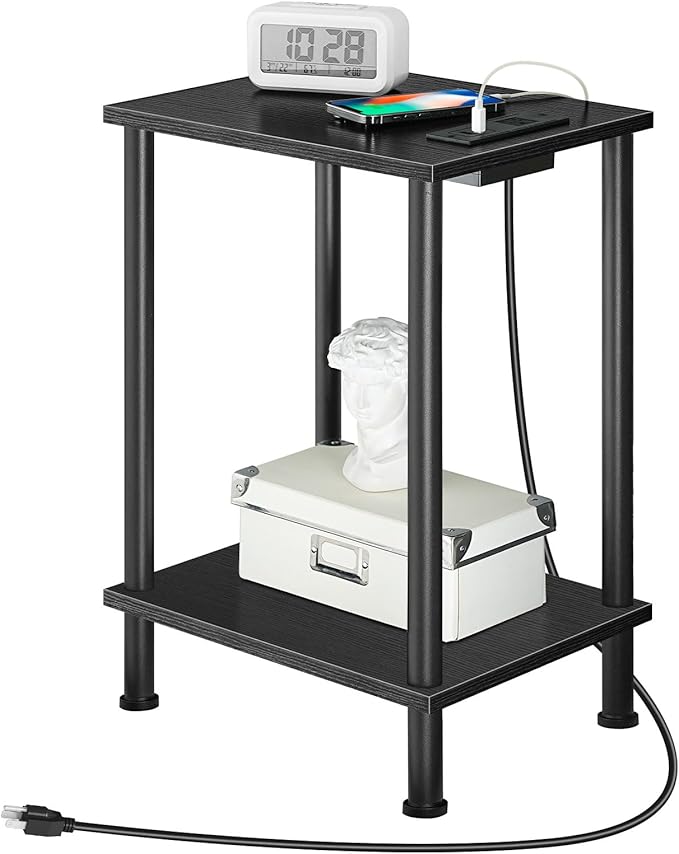HOOBRO Side Table with Charging Station, Set of 2 End Tables with USB Port and Outlets, Nightstand with 2-Layer Storage Shelves for Small Spaces, Living Room, Bedroom, Black BK09UBZP201
