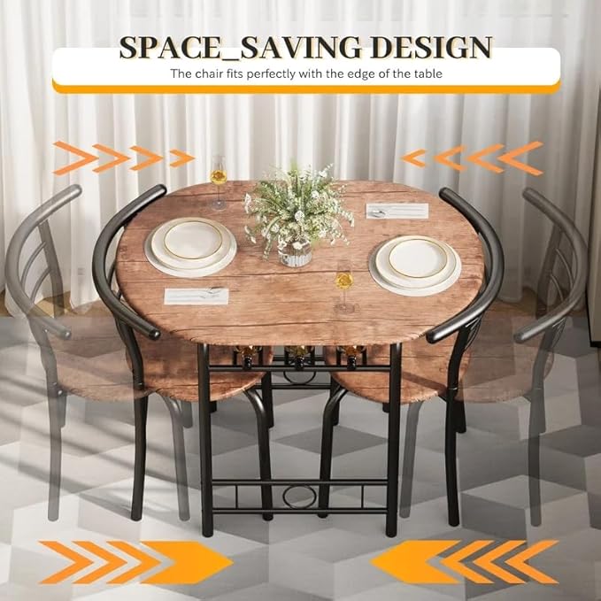 Shahoo 3-Piece Wooden Dining Table Set, Kitchen Breakfast Nook Sets with 2 Chairs & Round Tabletop, Space Saving Furniture Metal Frame and Built-in Wine Rack, Brown