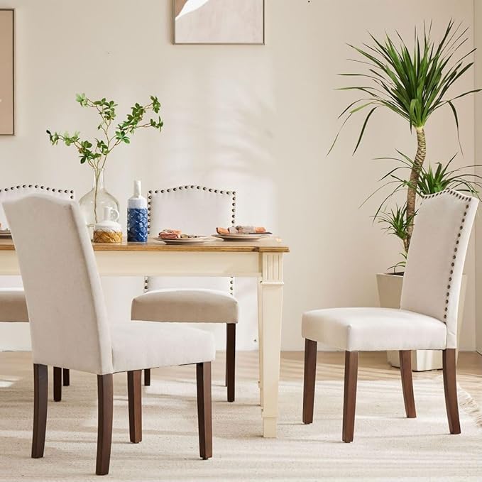 Kitchen Chairs Set of 4 Modern Upholstered Fabric Seat with Nailhead Trim and Ergonomic Lumbar Support for Living Room and Rustic Farmhouse Dining Area, Beige