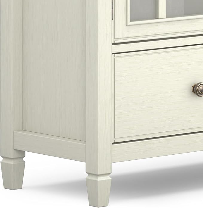 SIMPLIHOME Connaught SOLID WOOD 46 inch Wide Traditional Tall Storage Cabinet in Antique White for the Living Room, Entryway and Family Room