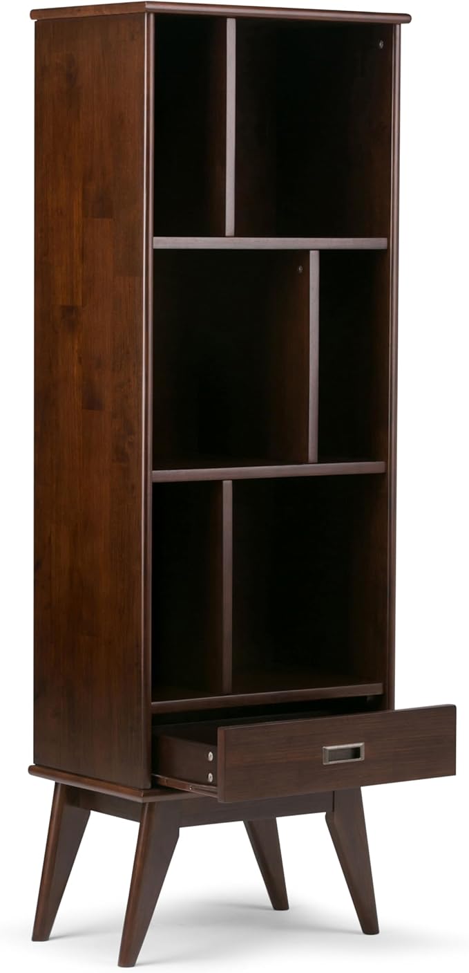 SIMPLIHOME Draper 22 inch Mid-Century Modern 6 Cubbie Bookcase with Drawer (Set of 2) in Medium Auburn Brown for The Living Room, Study Room and Office