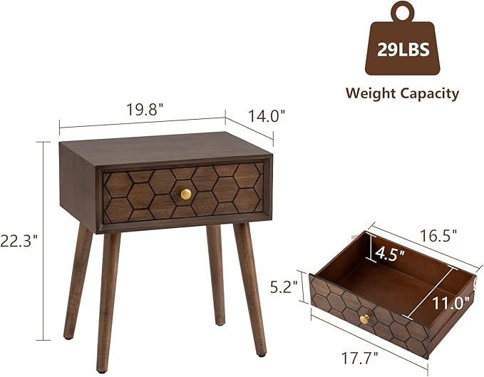COSIEST Mid-Century Nightstand, Modern MDF Bedside Table, Accent Wood End Table with One Storage Drawer for Bedroom Living Room(Brown,2 Pieces)