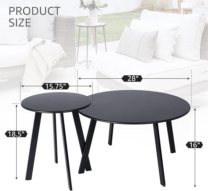 Patio Coffee Table Set of 2, Outdoor Weather Resistant End Table, Round Nesting Tables for Living Room Balcony Office,Black