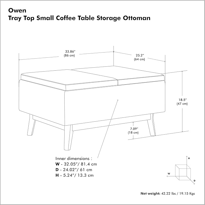SIMPLIHOME Owen 34 inch Wide Mid Century Modern Rectangle Coffee Table Storage Ottoman Distressed Chestnut Brown/Flip Over Tray top