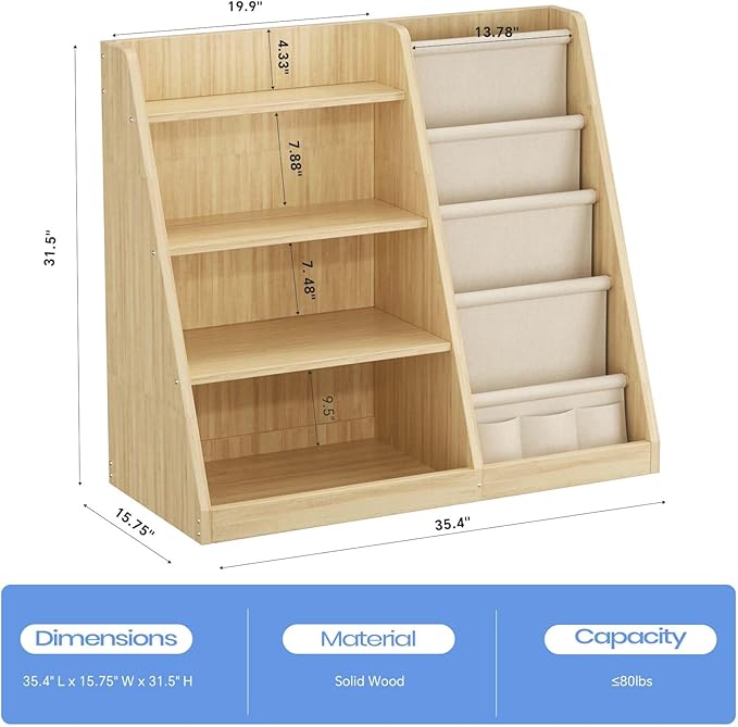 Kids Bookshelf and Toy Storage Organizer, 4 Tier Wooden Kids Book Shelf with Sling Book Rack in Kids Room Playroom Nursery for Kids, Children, Toddlers