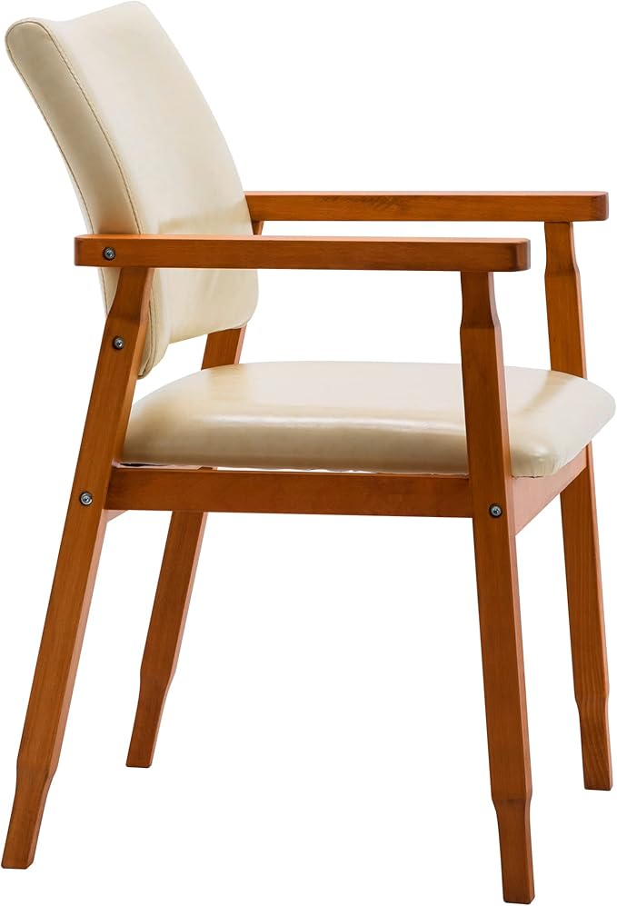 NOB Mid-Century Dining Side Chair with Faux Leather Seat in Beige, handrail Chair