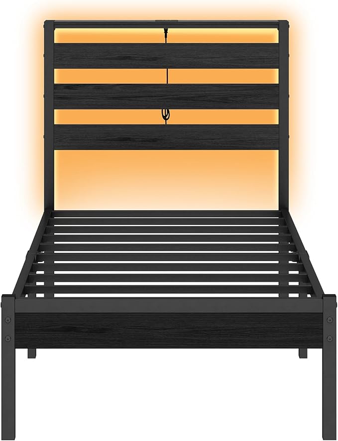 14 Inch Classic Metal Platform Bed Frame-Twin Bed Frame with Headboard,Steel Slats Support-LED Bed Frame with USB Charging Station,Under Bed Storage,No Box Spring Needed,Noise Free