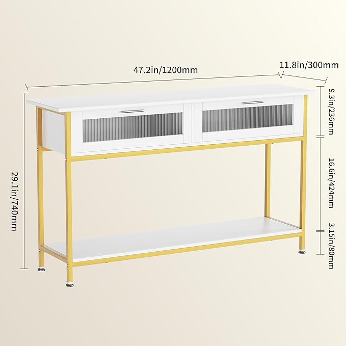 Aetheris 47" Console Table with 2 Drawers, 2 Tier Sofa Table with Storage,Entryway Table, Industrial Console Table for Entryway, Sofa Table Behind Couch for Living Room (White)
