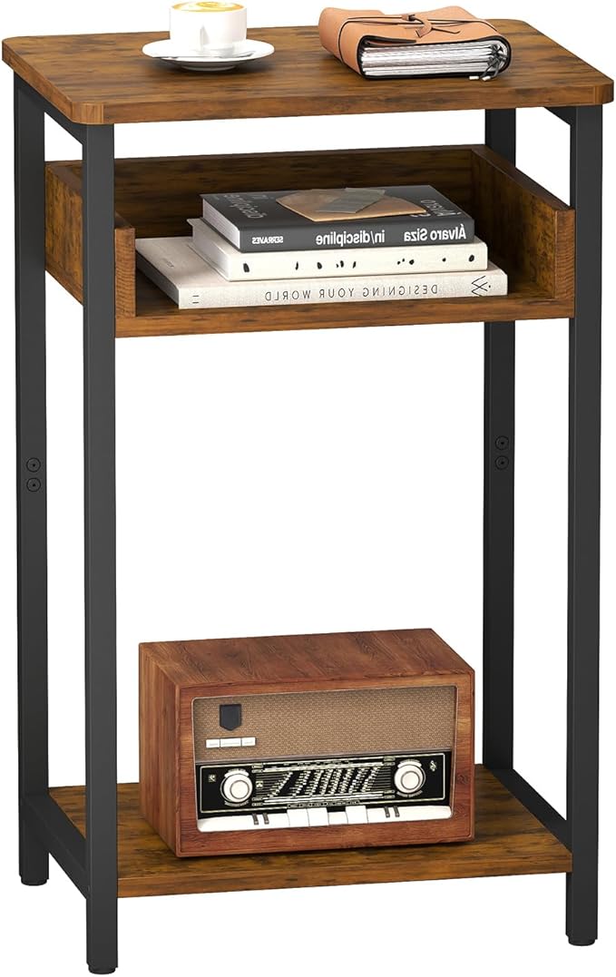 Side Table, 25 inch High End Table, Small Bedside Table for Living Room, Bedroom and Office, Rustic Brown & Black