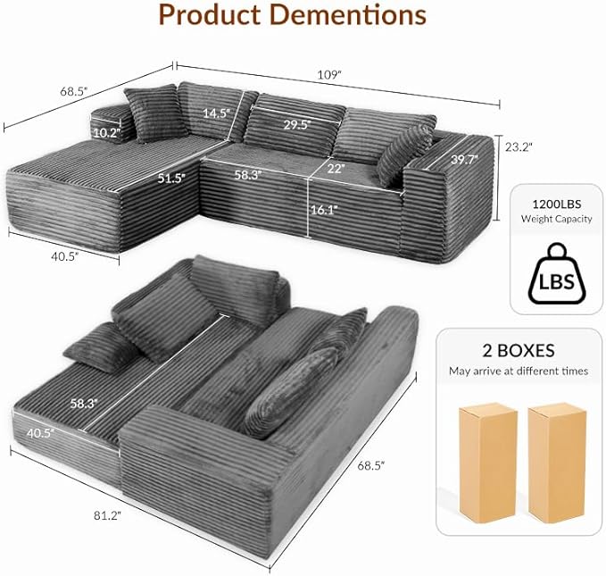 COMHOMA 105”Modular Sectional Sofa with Deep Seat,Cloud Upholstered L-Shape Couch Wide Arms Corduroy Fabric High-Density Foam Chaise Lounge for Living Room No Assembly Required