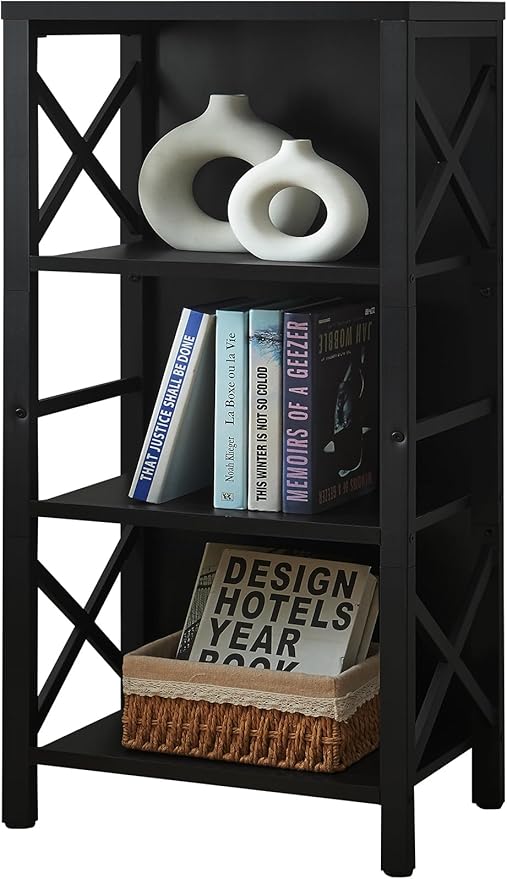 Small Bookshelf,4 Tier Industrial Bookcase with Metal Frame and Backboard,Narrow Black Book Shelf,Office Book case for Small Spaces,Living Room,Bedroom and Home Office