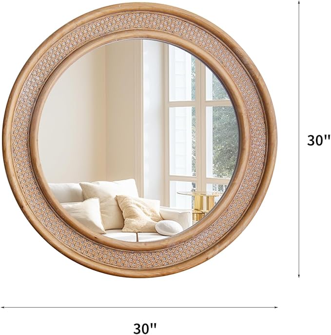 Micasso Round Rattan Wall Mirror: 30" Purely Handmade Wooden Frame Wicker Mirror - Rustic Shabby Chic Boho Bamboo Mirrors for Farmhouse/Bathroom/Bedroom/Living Room/Entryway/Home Decor