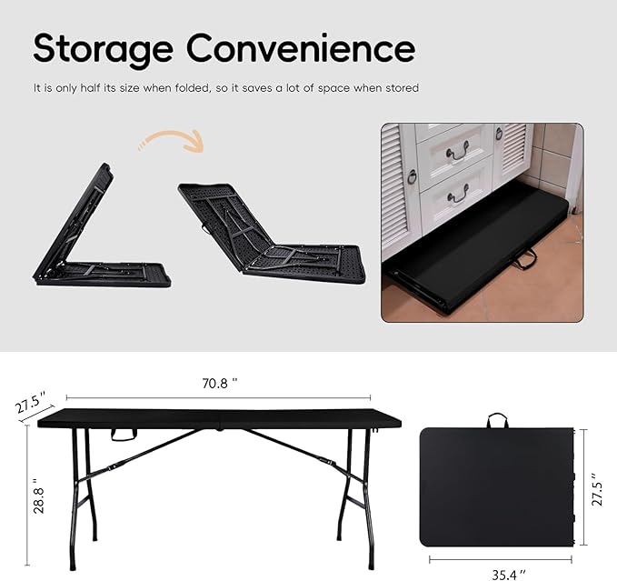 Folding Table 6FT HDPE 6 Foot Foldable Table Portable Banquet Surface Fold-in-Half Desk Utility for Working Meeting Parties, Picnic, Camping, Weddings, Catering, Garden Dining-Black