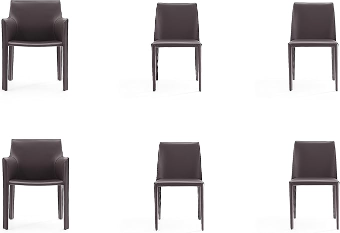 Manhattan Comfort Paris Modern Saddle Leather Dining Chairs, Metal Frame, Comfortable Padded Seat, Fully Assembled Armchair Accent Furniture, Set of 6, Grey