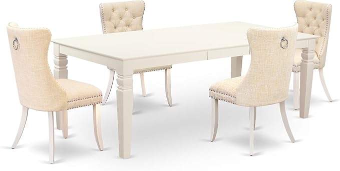 East West Furniture LGDA5-LWH-32 5 Piece Dining Table Set Includes a Rectangle Wooden Table with Butterfly Leaf and 4 Polyester Fabric Upholstered Chairs, 42x84 Inch, linen white