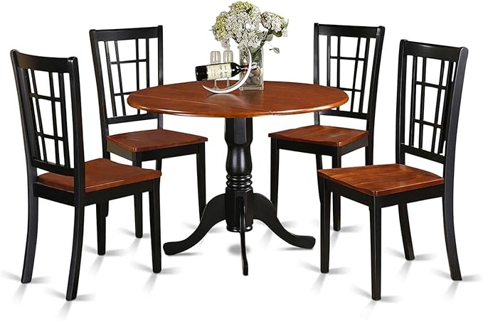 East West Furniture DLNI5-BCH-W 5 Piece Modern Dining Table Set Includes a Round Wooden Table with Dropleaf and 4 Dining Chairs, 42x42 Inch, Black & Cherry