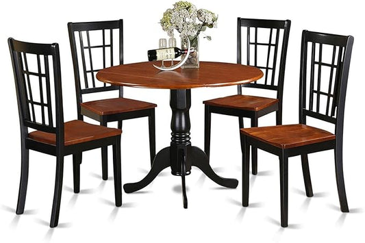 East West Furniture DLNI5-BCH-W 5 Piece Modern Dining Table Set Includes a Round Wooden Table with Dropleaf and 4 Dining Chairs, 42x42 Inch, Black & Cherry