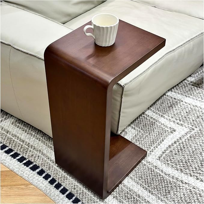 C Shaped End Table, Solid Wood C Side Table for Couch Sofa and Bed, Sofa Tables That Slide Under for Space Saving, Small Snack C Tables for Living Room Bedroom (H 24.4″ - Brown, 2)