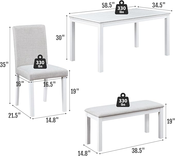 6-Piece Solid Wood Dining Table Set, Including 1 Dining Table, 4 Upholstered Chairs and 1 Bench, Wooden Legs Dining Table Set for Dining Room, Kitchen, Restaurant, White Diamond