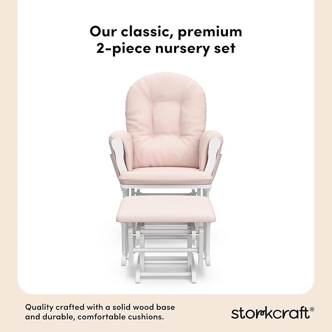 Storkcraft Premium Hoop Glider & Ottoman (White/Pink) — GREENGUARD Gold Certified Nursery Glider, Solid Wood Craftsmanship, Smooth-Gliding Nursery Chair and Ottoman, Award-Winning
