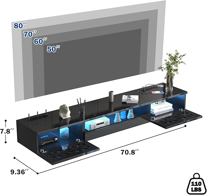 Floating TV Stand, 71" Floating Entertainment Center Wall Mounted,Floating Wall Mounted TV Shelf,Modern High Gloss tv Cabinet Media Console with Storage