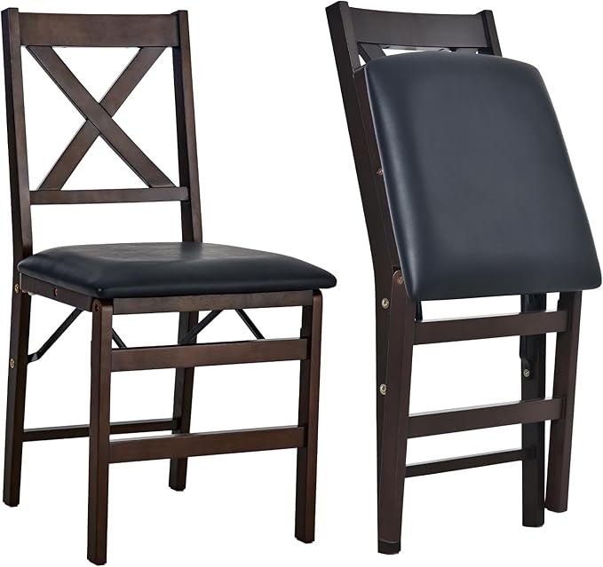 COLAMY Folding Dining Chairs Set of 2 – Dark Brown Wooden Dining Room Chairs, Pre-Assembled, Space Saving Kitchen & Dining Room Furniture, Mid Century Rustic Style, Indoor Outdoor Use