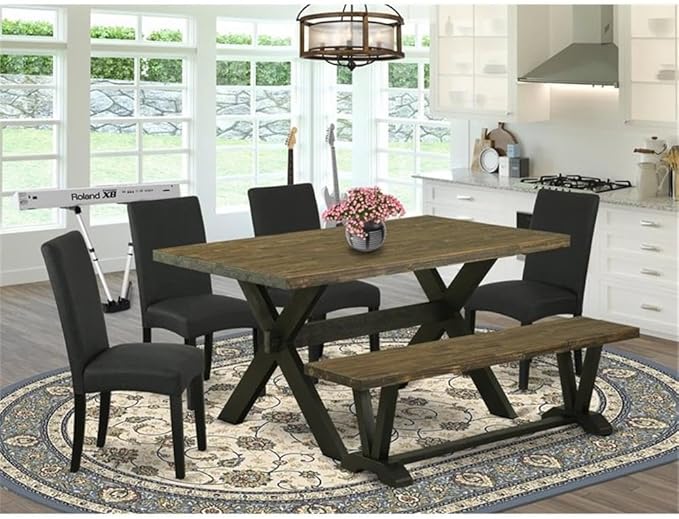East West Furniture X676DR124-6 6 Piece Kitchen Table Set Contains a Rectangle Dining Table with X-Legs and 4 Black Color Linen Fabric Parson Chairs with a Bench, 36x60 Inch, Multi-Color