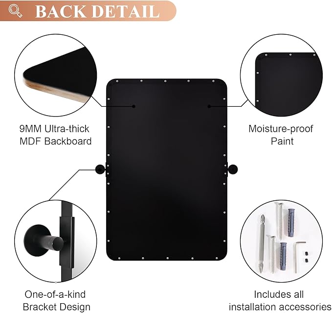 MOON MIRROR 24"x36" Matte Black Pivot Mirror for Bathroom, Metal Frame Bathroom Mirrors for Wall，Rectangle Titling Vanity Wall Mirror with Rounded Corner Hangs Vertical(Overall 27.75" x 36")
