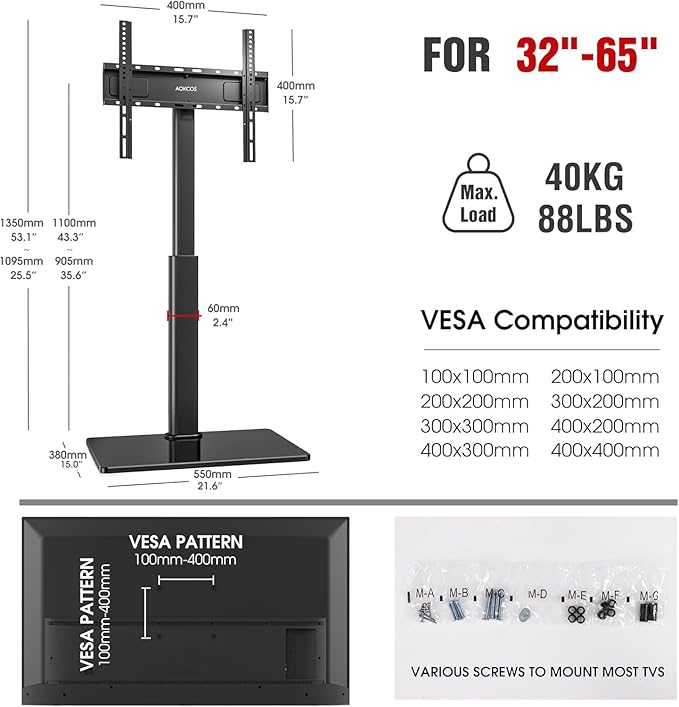 Swivel TV Floor Stand for 32-65 Inches TVs, 8 Level Height Adjustable Corner Small TV Stand Mount for Living Room/Bedroom, Holds up to 88 lbs,MAX VESA 400x400mm,Black