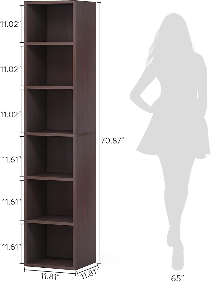 LITTLE TREE 70.9 Inch Tall Narrow Bookcase, Corner Bookshelf 6 Tier Cube Display Shelf Storage Organizer for Small Space, Brown