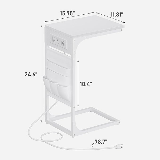 TUTOTAK C Shaped End Table with Charging Station, Side Table for Sofa, Couch Table with Storage Bag, TV Tray Table with 2 USB Ports and Outlets for Living Room, Bedroom, White TB01BW024
