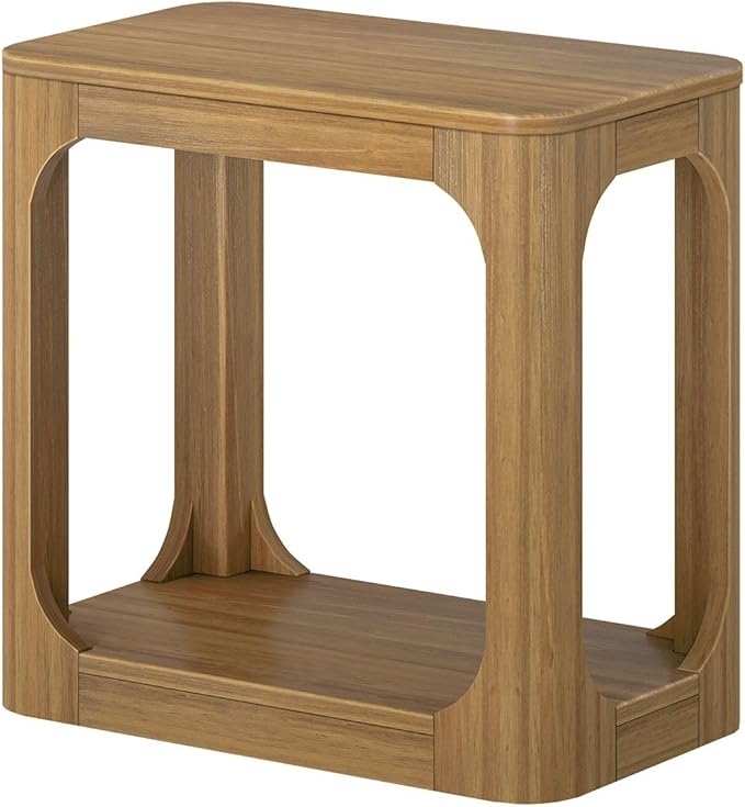 Plank+Beam Modern Rounded Rectangular Side Table with Shelf, Solid Wood End Table for Living Room, 25in, Pecan