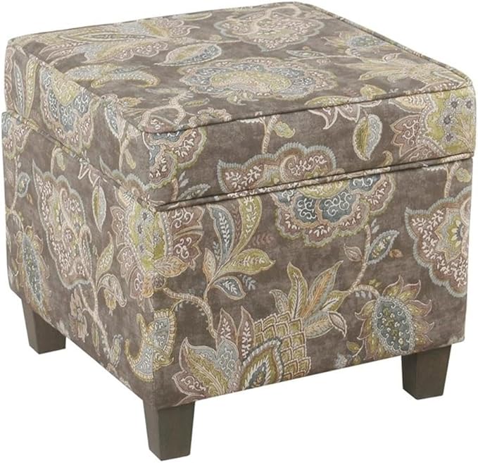Homepop Home Decor |K7342-A824 | Classic Square Storage Ottoman with Lift Off Lid | Ottoman with Storage for Living Room & Bedroom, Gray Floral