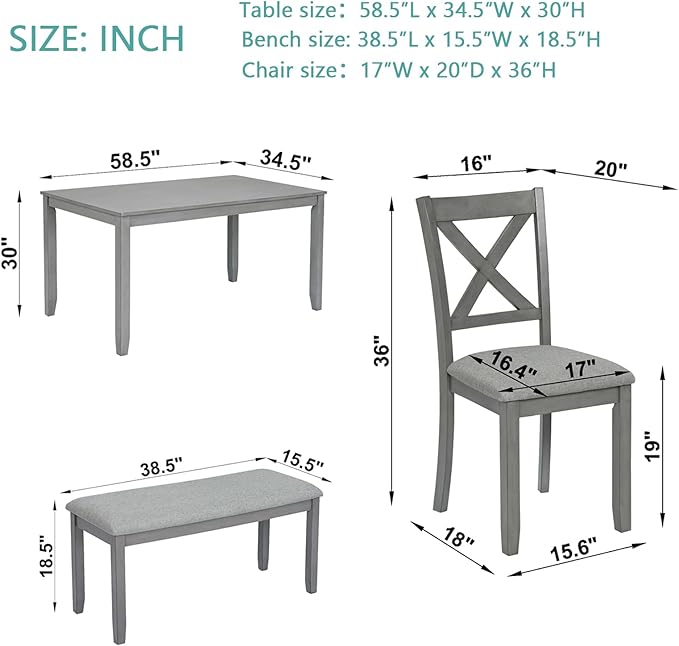 KEIKI 6-Piece Standard Height Dining Table Set with Rectangular Table, 4 Upholstered X-Shaped Backrset Chair, Bench, for 6 Person, Modern Style Table Set, Easy Assembly, for Kitchen, Dining Room, Gray