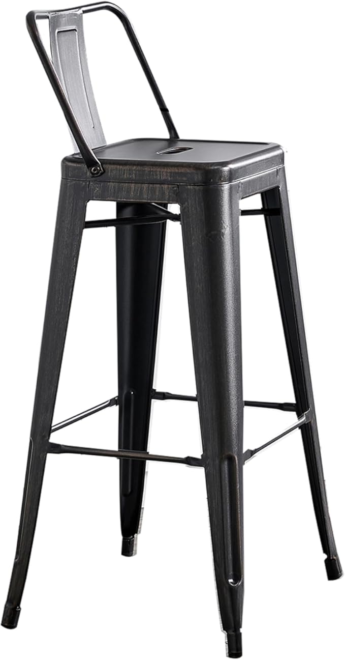 AC Pacific 30” Metal Barstool Set of 4 – Country Rustic Style with Low Back, Lightweight & Sturdy Build, Easy Assembly – Distressed Black