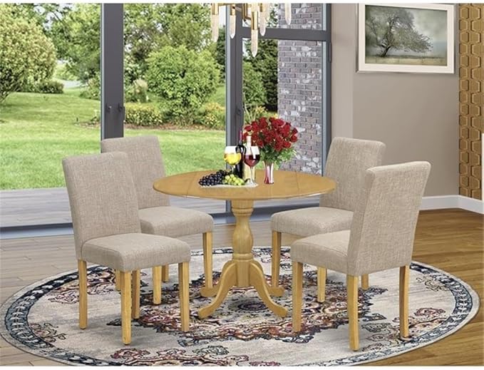 East West Furniture DMAB5-OAK-04 5 Piece Dining Set Includes a Round Dining Room Table with Dropleaf and 4 Light Tan Linen Fabric Upholstered Parson Chairs, 42x42 Inch, Oak