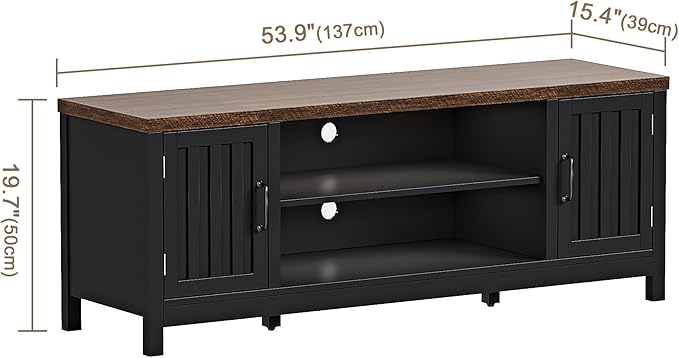 ChooChoo Farmhouse TV Stand for Televisions up to 65 inches, Entertainment Center Console Table Media Furniture with Storage Cabinets and Open Shelves, Fluted Door, for Living Room Bedroom, Black
