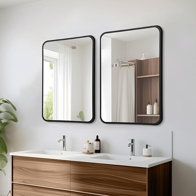 24x36 Rounded Rectangle Bathroom Mirrors for Over Sink, Black Vanity Mirror with Metal Frame Wall Mounted, Modern Farmhouse Mirror for Restroom, Bedroom, Entryway Decor
