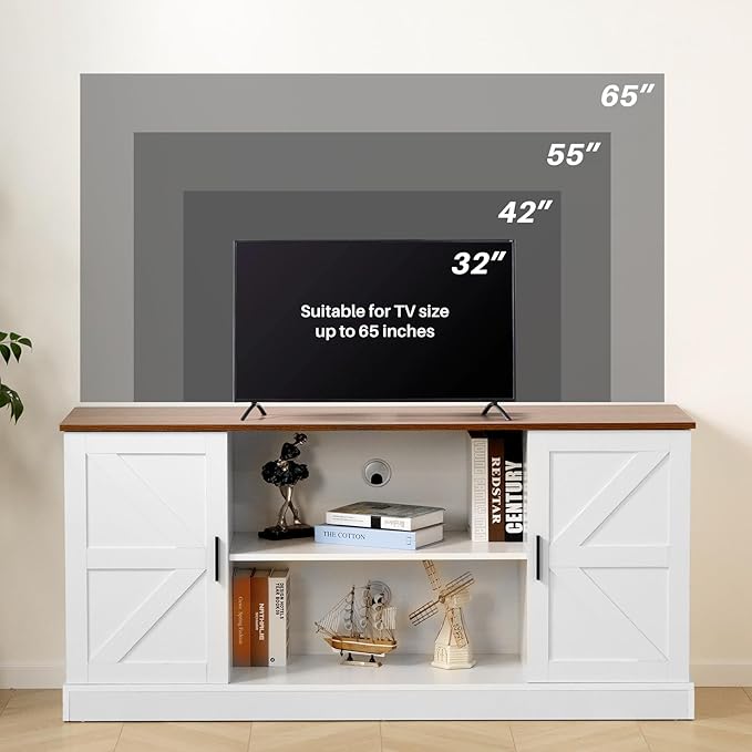 HollyHOME Farmhouse TV Stand for Televisions up to 65”, Wood Entertainment Center with Storage Cabinets and Adjustable Shelves, Media TV Console Table for Living Room and Bedroom, White