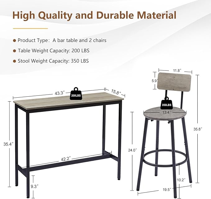 Tatub Bar Table with Stools Set of 2, Industrial 3 Piece Counter Height Small Dining Sofa Table and Chairs Set of 2, Gray
