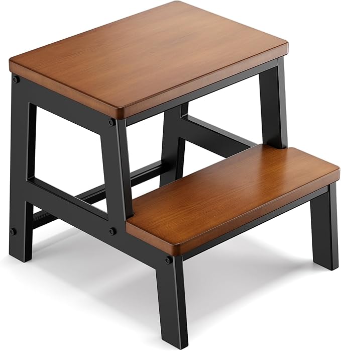 2 Step Wooden Step Stools for Adults Non-Slip, Sturdy Bed Steps for High Beds Easy Assembly, Portable Two Step Stool for Kitchen Bathroom Bedroom - Holds Up to 500 Lb