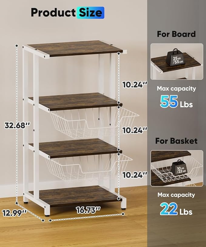 Media Stand with Two Detachable Baskets, 4-Tier AV Media Stand Corner Shelf for DVD Players/Cable Boxes/Games Consoles, Audio Storage Rack for Living Room, Gaming Room, Music Studio, White