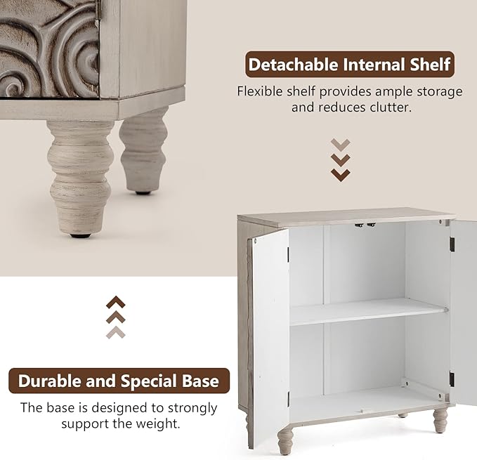 COSIEST Set of 3 32" Buffet Sideboard Cabinets with Storage, Accent Cabinet with Push-to-Open Doors, Vintage Flower Carved Pinewood Doors, Entryway Console for Living Room, Kitchen, Hallway, Gray