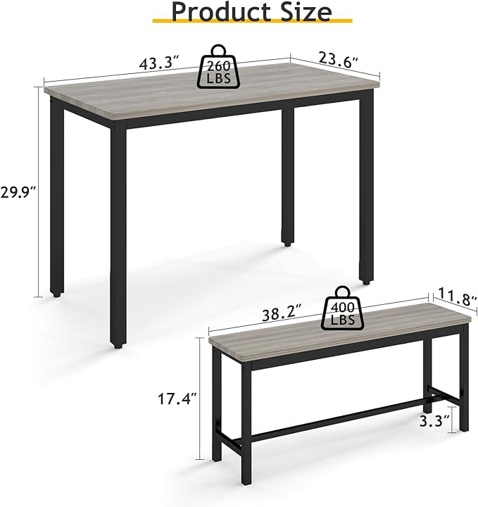 Rovibek Dining Table Set for 4 with 2 Benches – Space-Saving Kitchen Table Set for Kitchen & Dining Room, Grey
